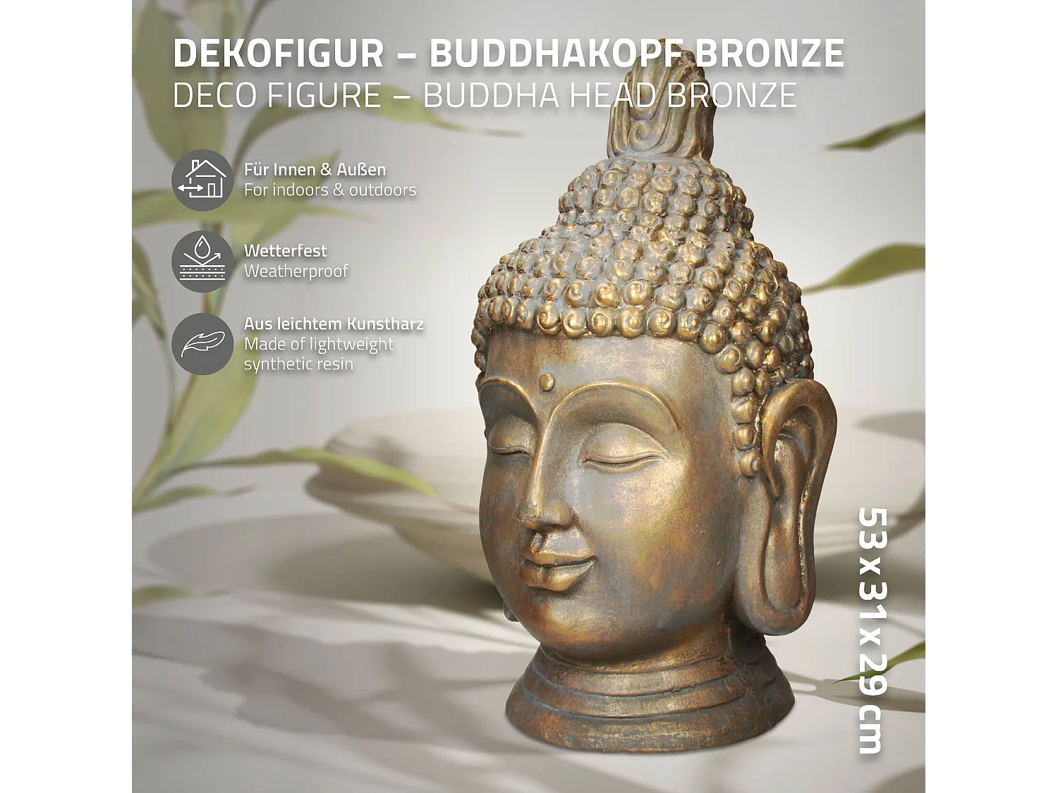 Statua testa di Buddha figura decorativa poliresina Feng Shui casa giardino 53cm