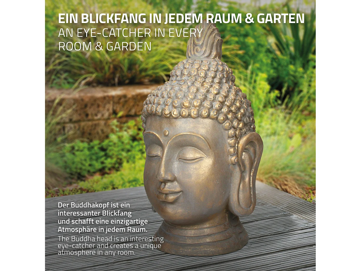 Statua testa di Buddha figura decorativa poliresina Feng Shui casa giardino 53cm