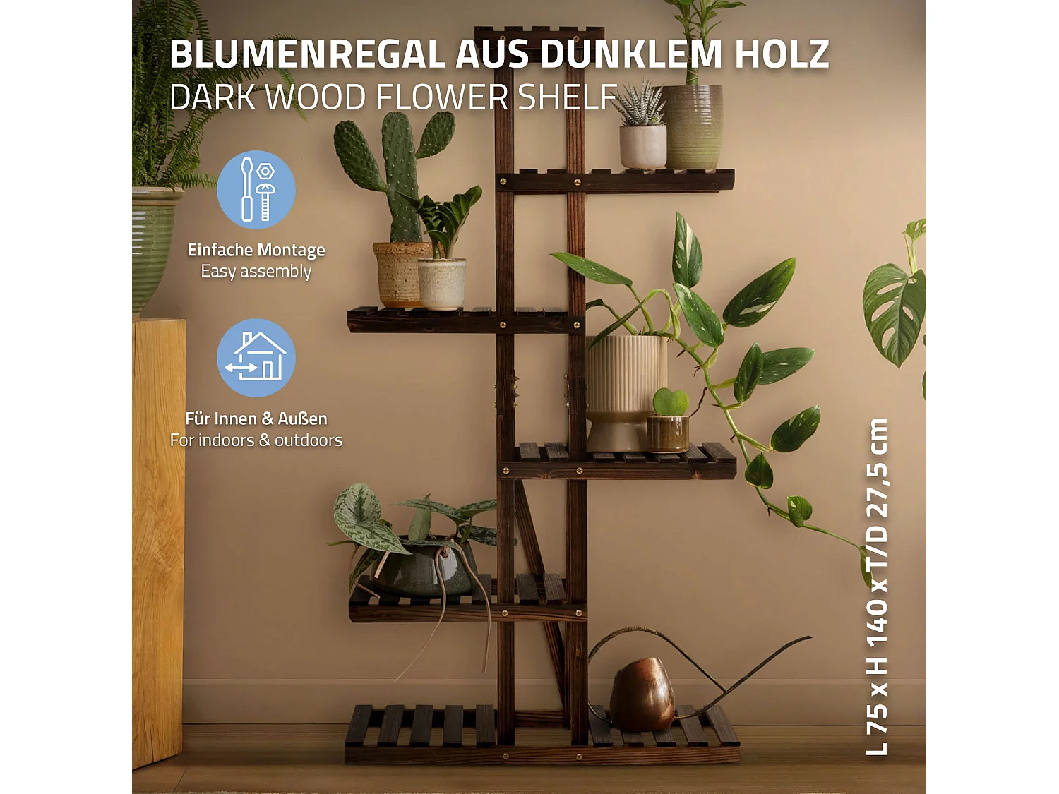 Soporte decorativo de madera para plantas 75x27,5x140 cm pedestal con 6 niveles