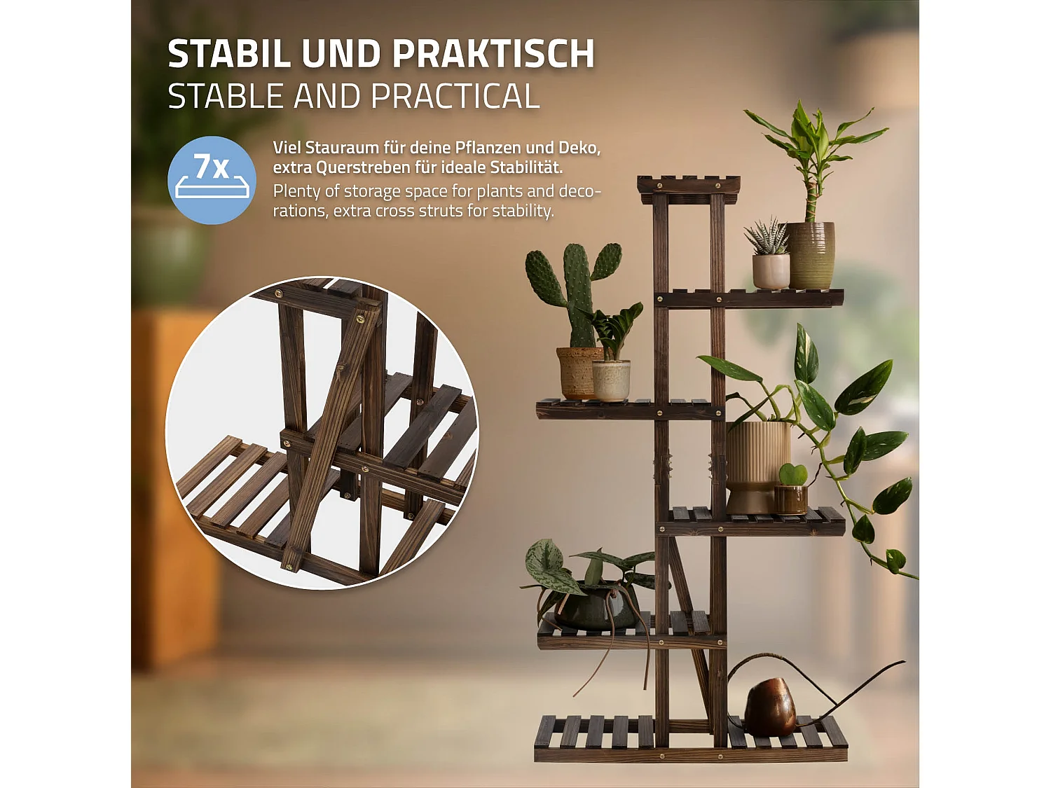 Soporte decorativo de madera para plantas 75x27,5x140 cm pedestal con 6 niveles