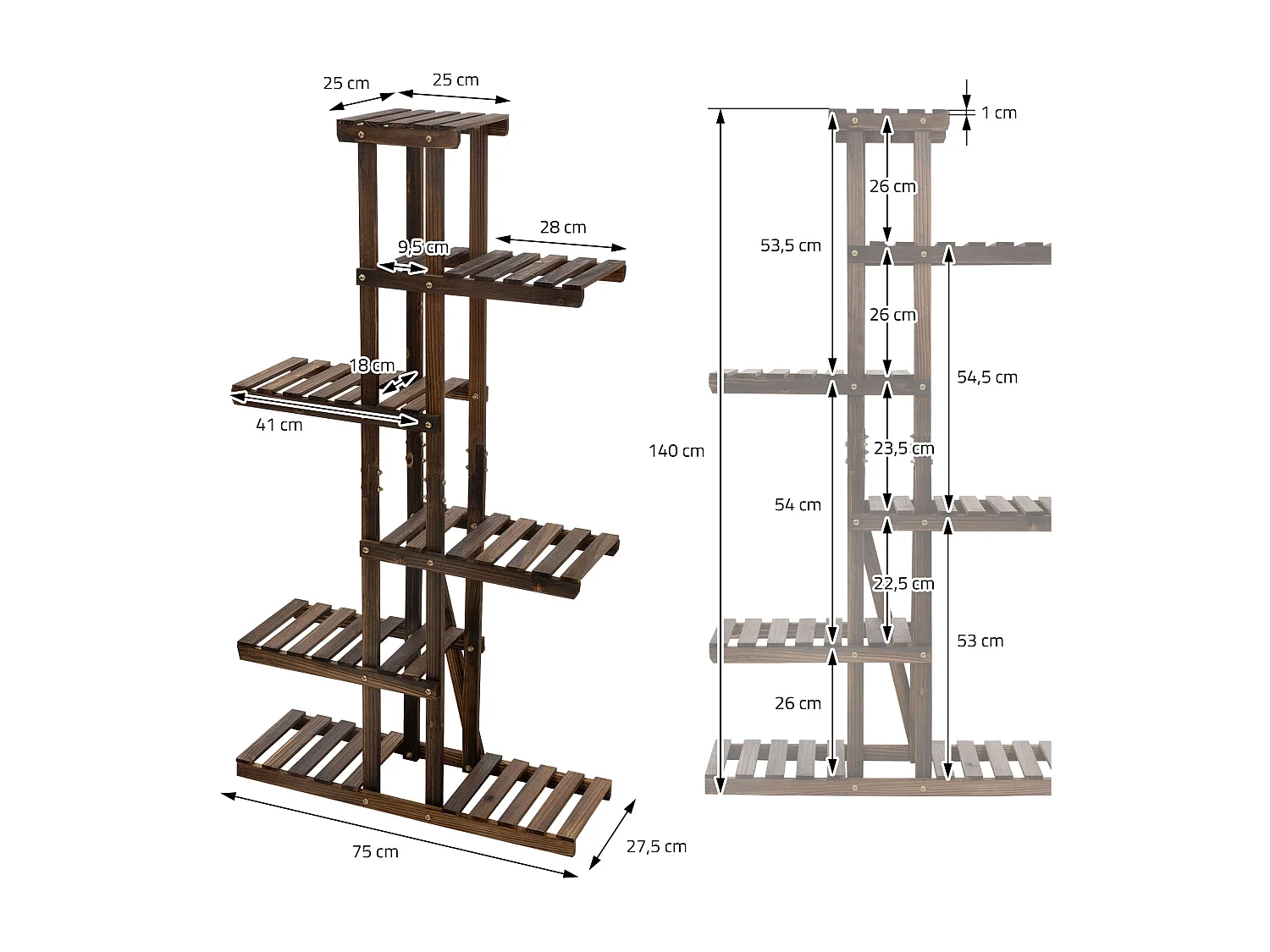 Soporte decorativo de madera para plantas 75x27,5x140 cm pedestal con 6 niveles