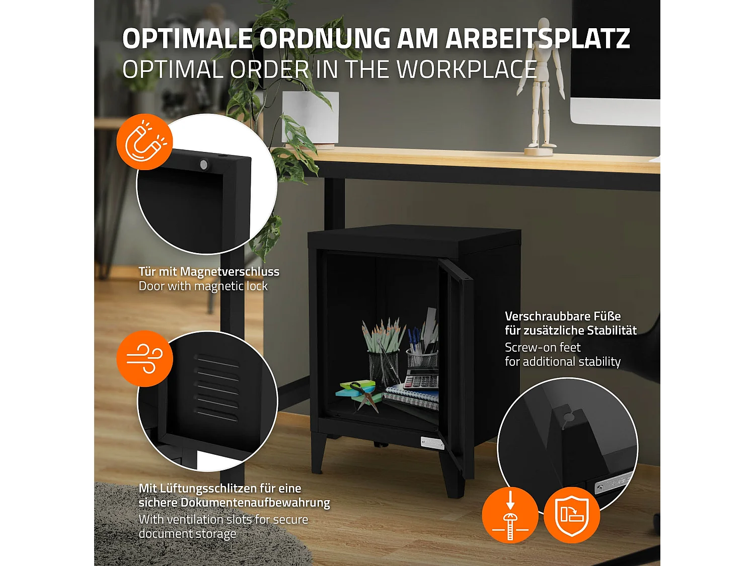 Armoire de classement noir en acier 40x30x57,5cm table de chevet stockage outils