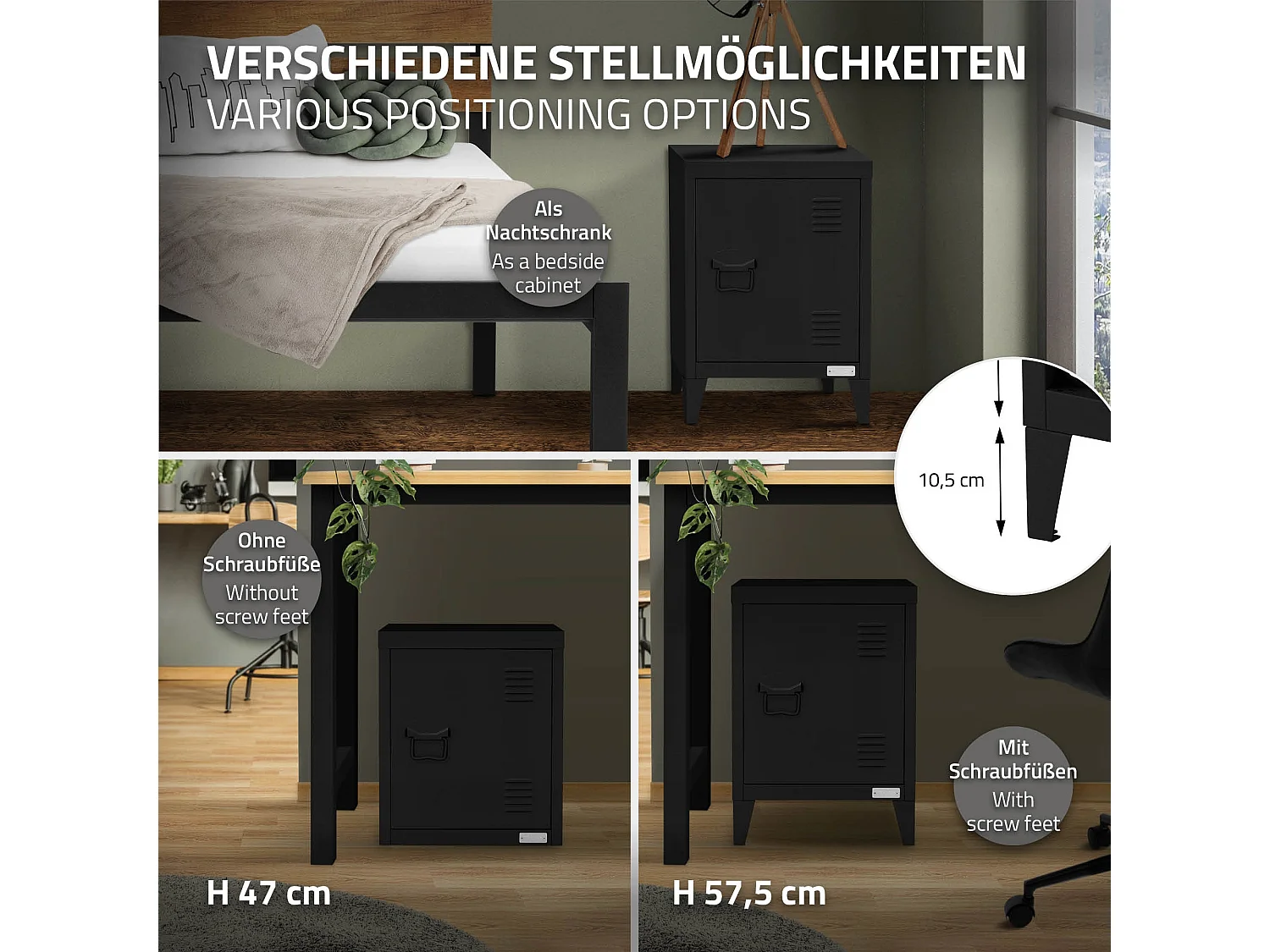 Armoire de classement noir en acier 40x30x57,5cm table de chevet stockage outils