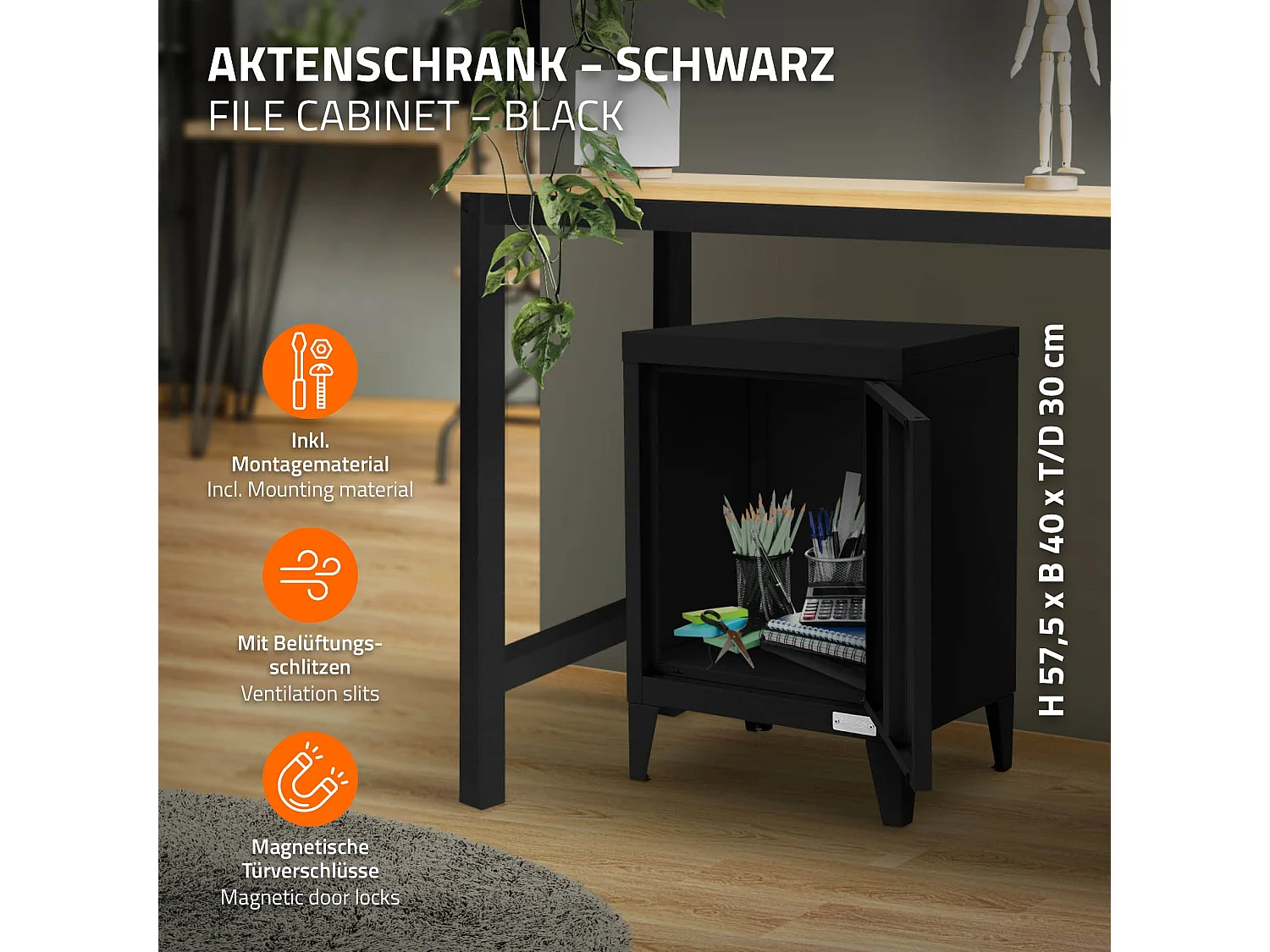 Armoire de classement noir en acier 40x30x57,5cm table de chevet stockage outils