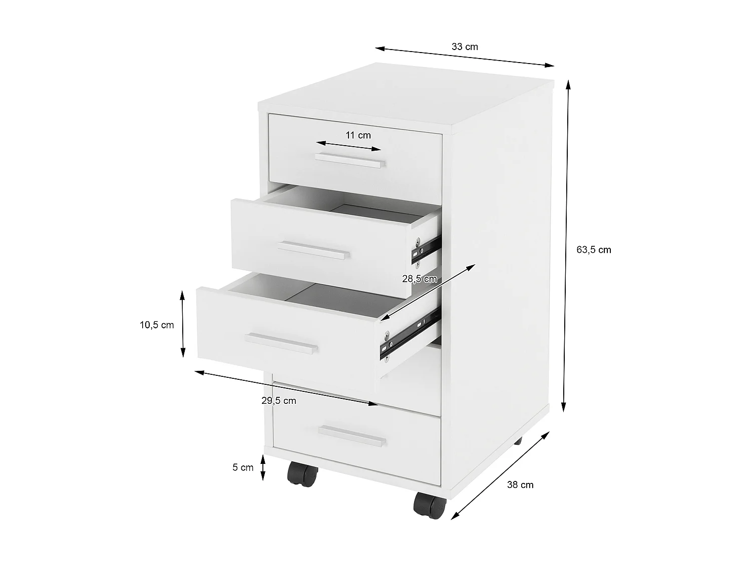 2x Caisson à roulettes avec 5 tiroirs 33x38x63,5 cm meuble de rangement blanc