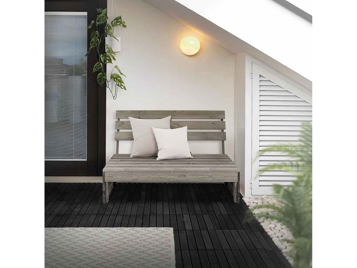 Banco de jardín mueble de madera gris con respaldo asiento para tres personas