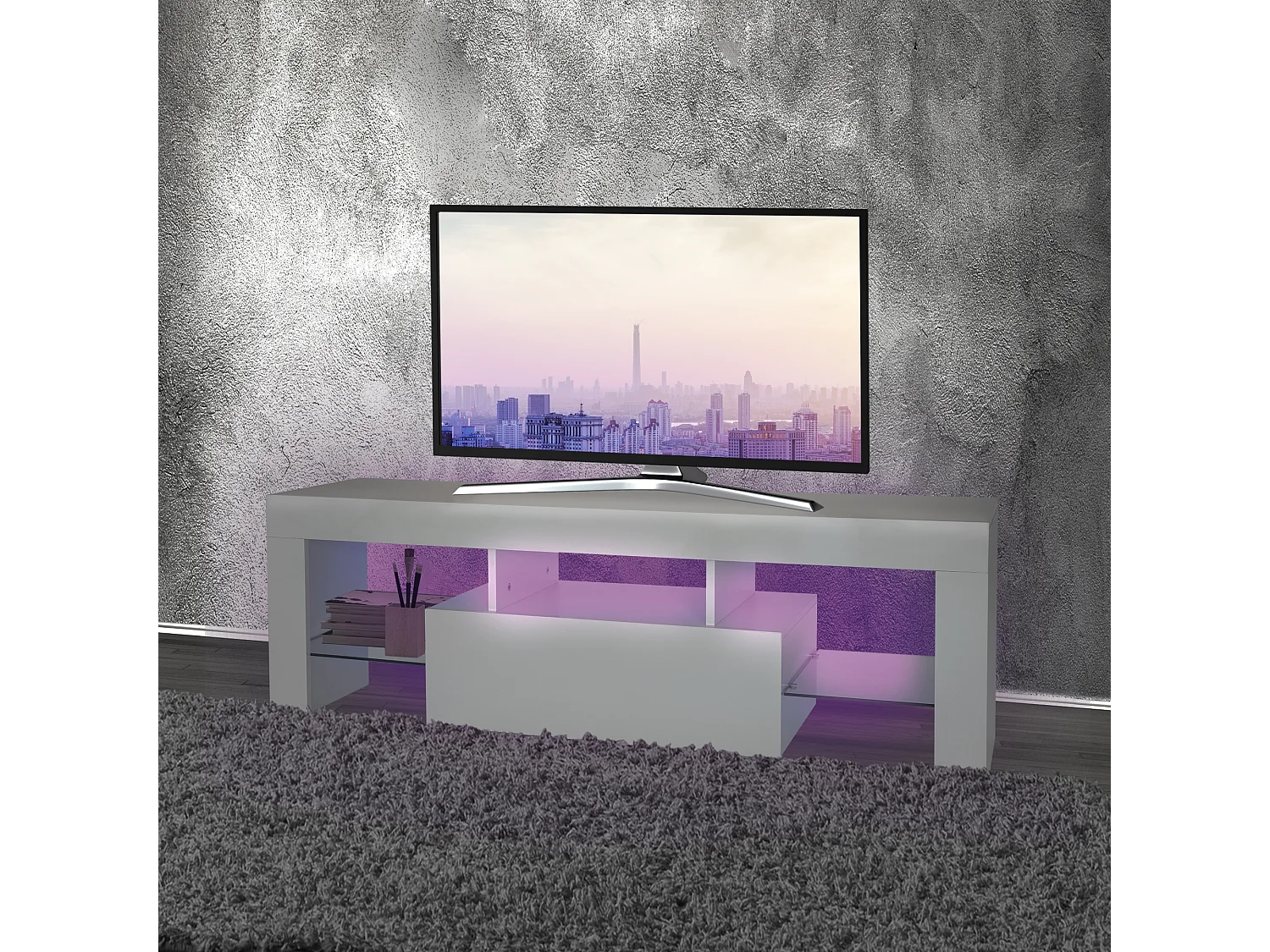 Meuble TV éclairage LED blanc armoire lowboard moderne 130x49x45 cm ML-Design®