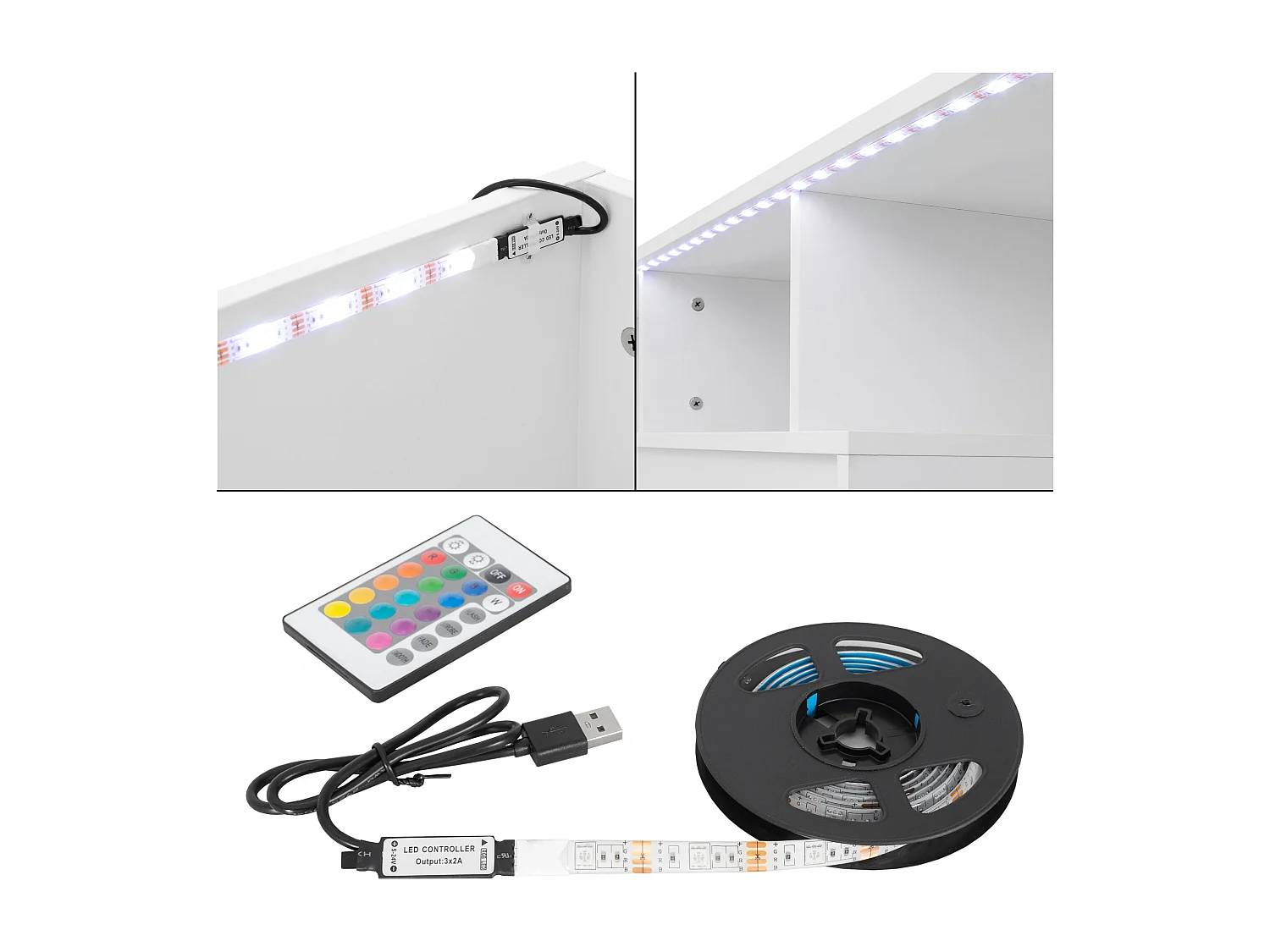 Meuble TV éclairage LED blanc armoire lowboard moderne 130x49x45 cm ML-Design®