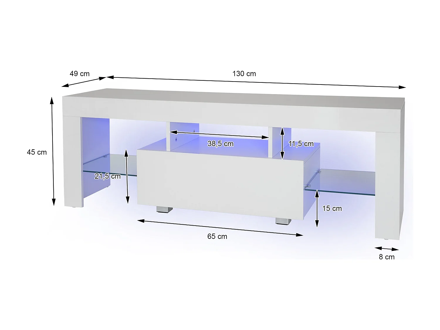 Meuble TV éclairage LED blanc armoire lowboard moderne 130x49x45 cm ML-Design®