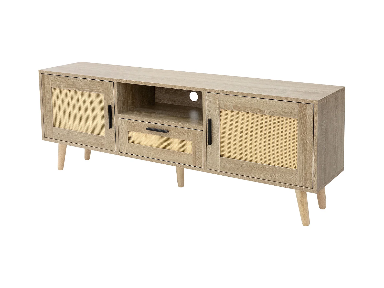 Mueble bajo para TV 140x50,5x30 cm cómoda con cajón estilo rústico roble y ratán