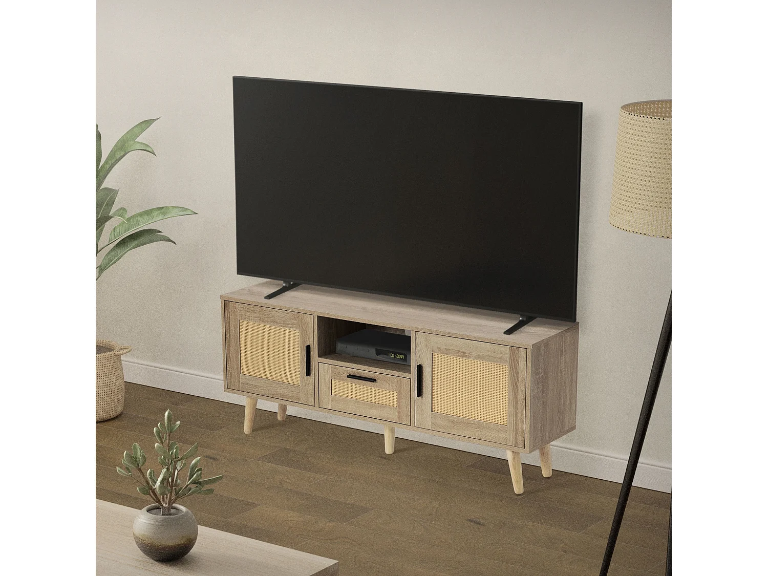 Commode TV 120 cm armoire de télévision en rotin effect chêne pieds bois massif