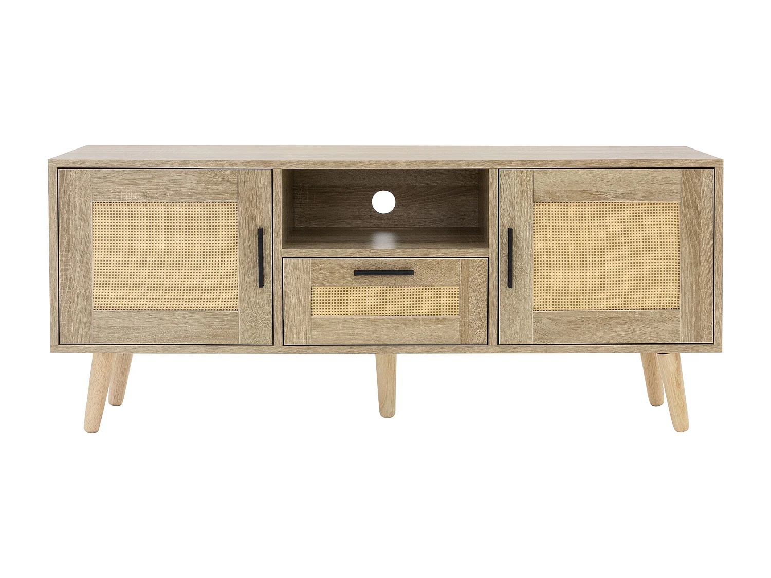 Commode TV 120 cm armoire de télévision en rotin effect chêne pieds bois massif