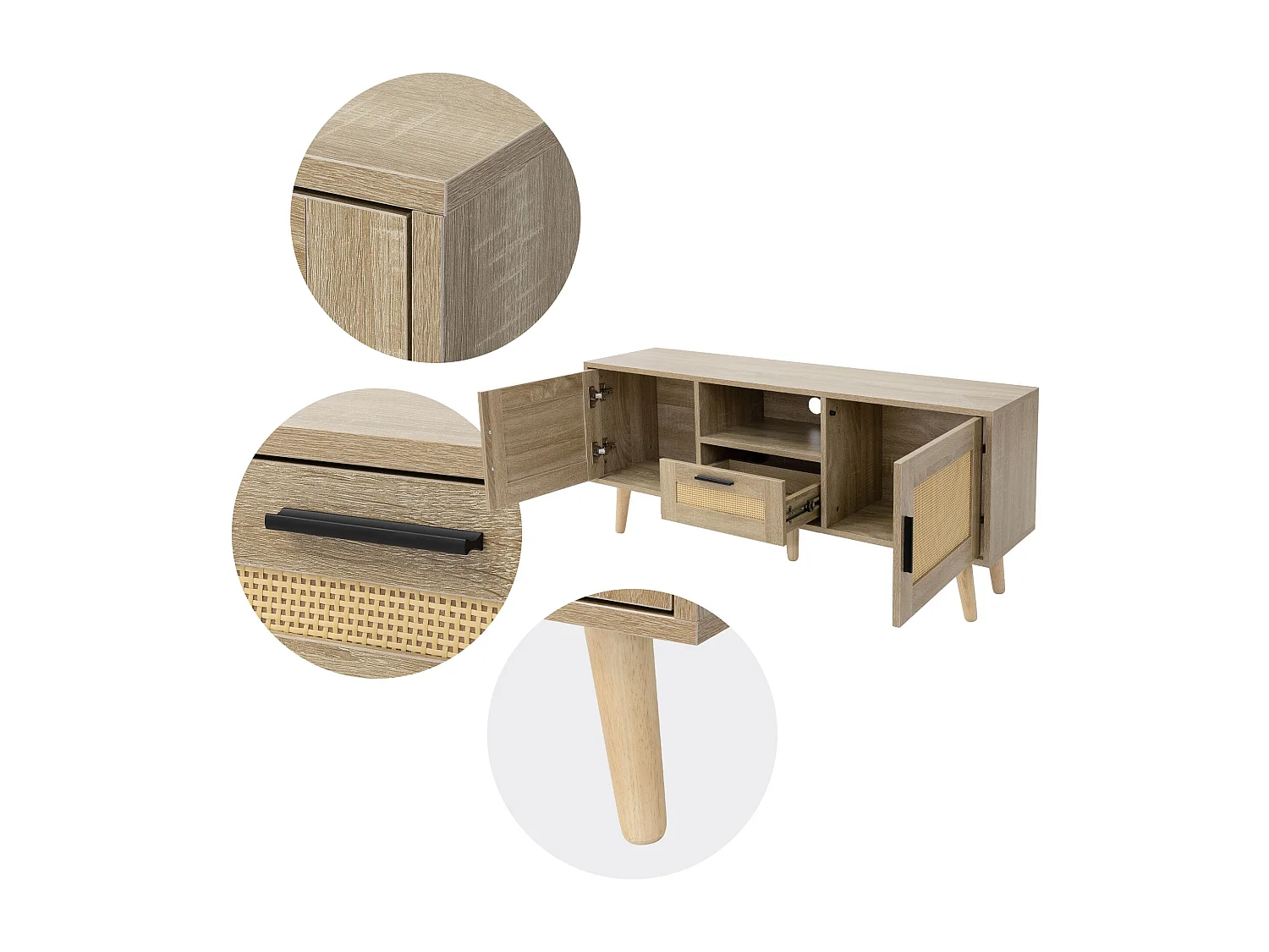 Commode TV 120 cm armoire de télévision en rotin effect chêne pieds bois massif