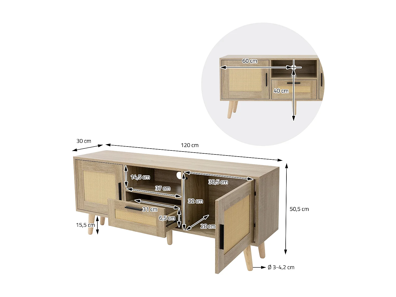 Commode TV 120 cm armoire de télévision en rotin effect chêne pieds bois massif