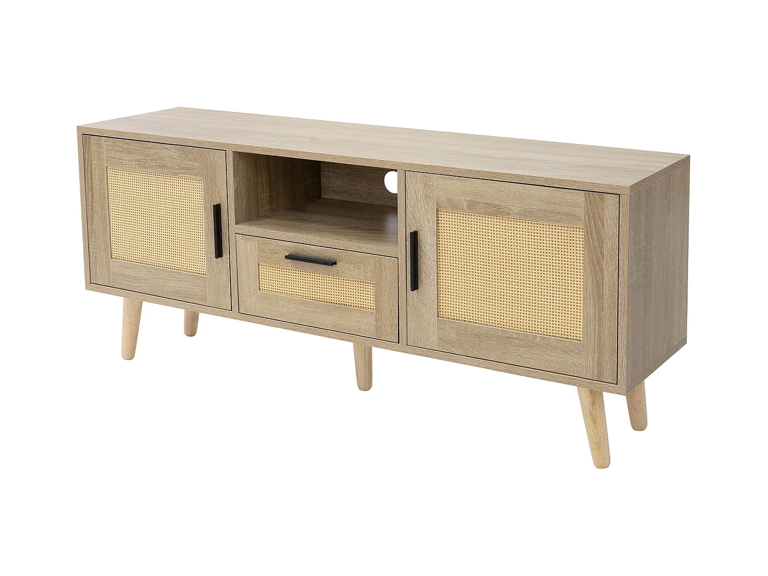 Commode TV 120 cm armoire de télévision en rotin effect chêne pieds bois massif
