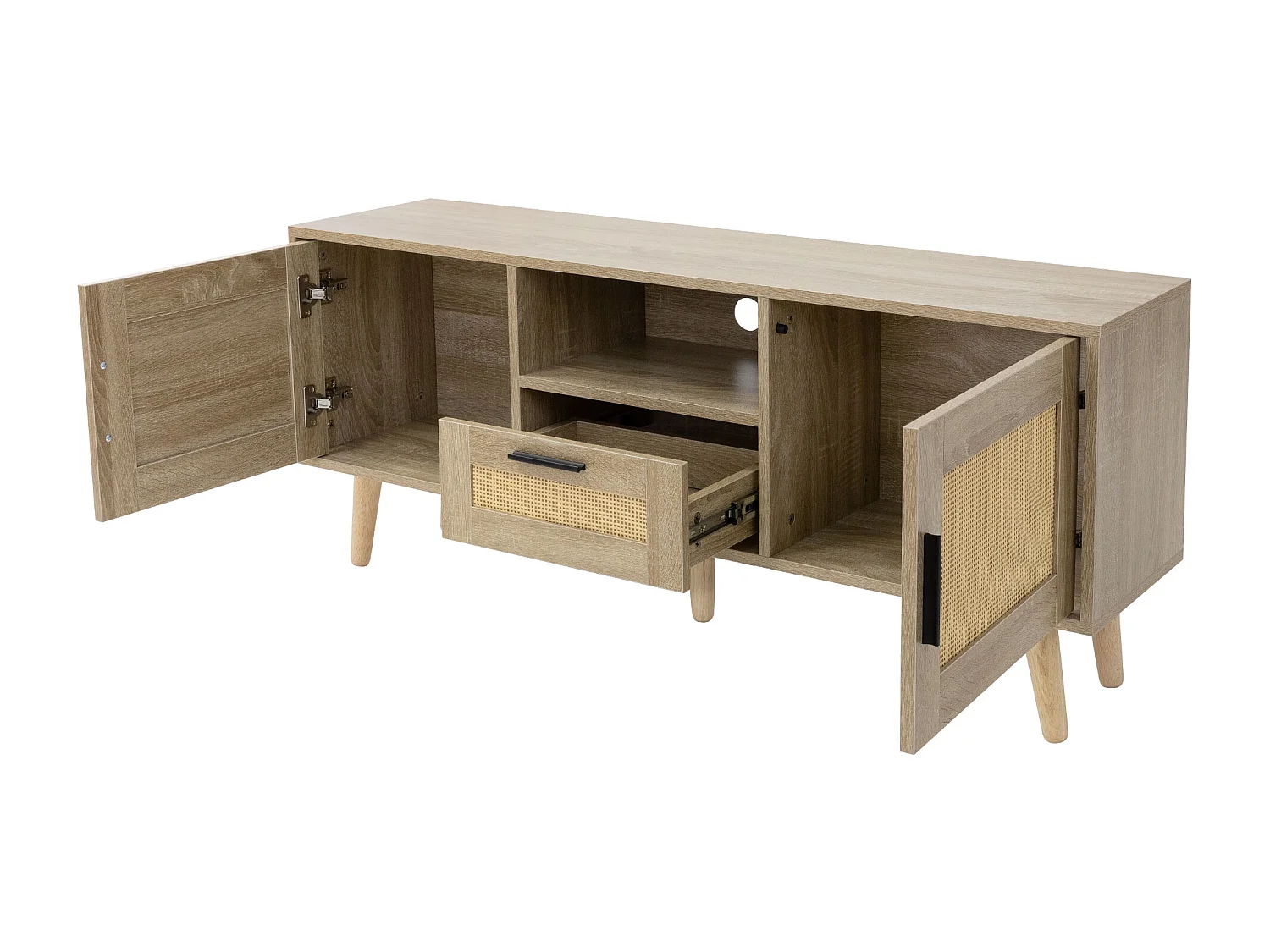 Commode TV 120 cm armoire de télévision en rotin effect chêne pieds bois massif