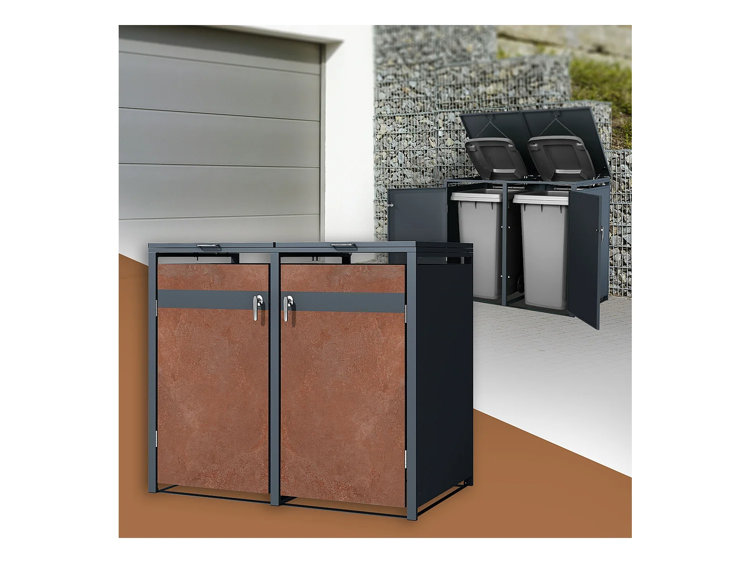ML-Design Cobertizo exterior para 2 cubos de basura 240L 132x80x116,3cm antracita caseta de acero acabado óxido con tapa abatible y puerta