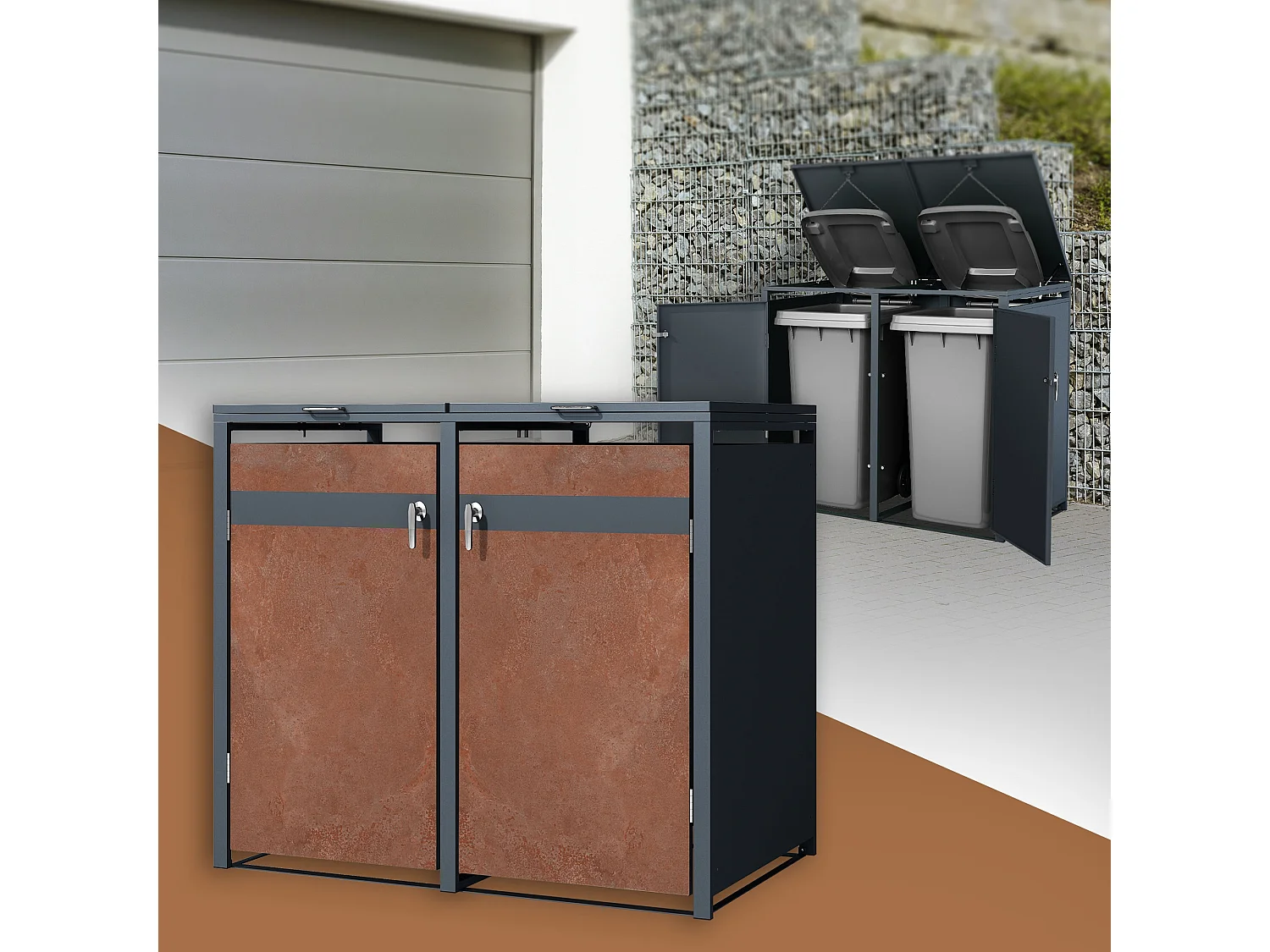 Abri pour 2 poubelles 132x80x116,3 cm capacité de 60L à 240L anthracite/aspect rouillé acier couvercle rabattable/2 portes résistant aux intempéries