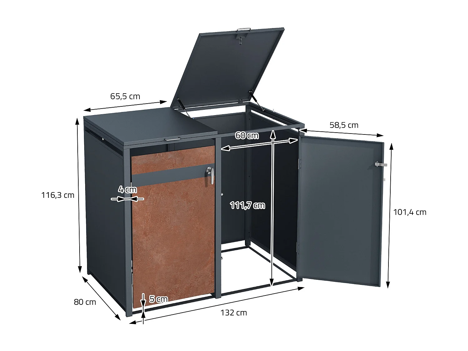 Abri pour 2 poubelles 132x80x116,3 cm capacité de 60L à 240L anthracite/aspect rouillé acier couvercle rabattable/2 portes résistant aux intempéries