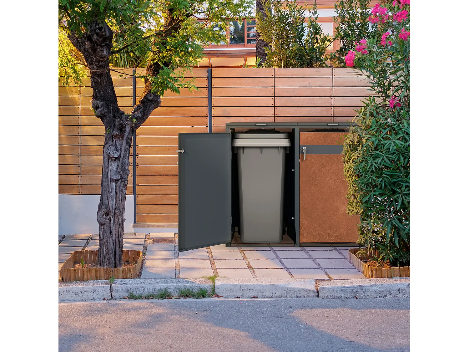 Abri pour 2 poubelles 132x80x116,3 cm capacité de 60L à 240L anthracite/aspect rouillé acier couvercle rabattable/2 portes résistant aux intempéries