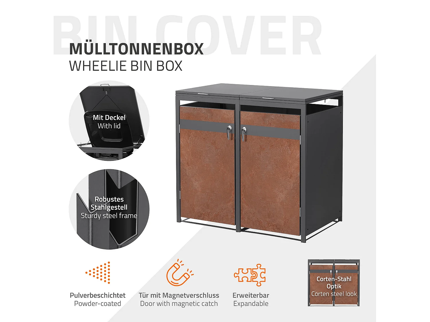 ML-Design Copribidoni per 2 bidoni 240L 132x80x120 cm acciaio antracite effetto ruggine contenitore per pattumiera con 2 sportelli copertura cestini
