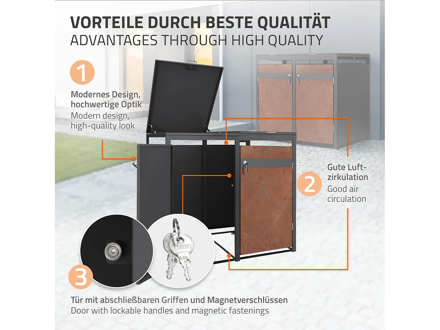 ML-Design Copribidoni per 2 bidoni 240L 132x80x120 cm acciaio antracite effetto ruggine contenitore per pattumiera con 2 sportelli copertura cestini