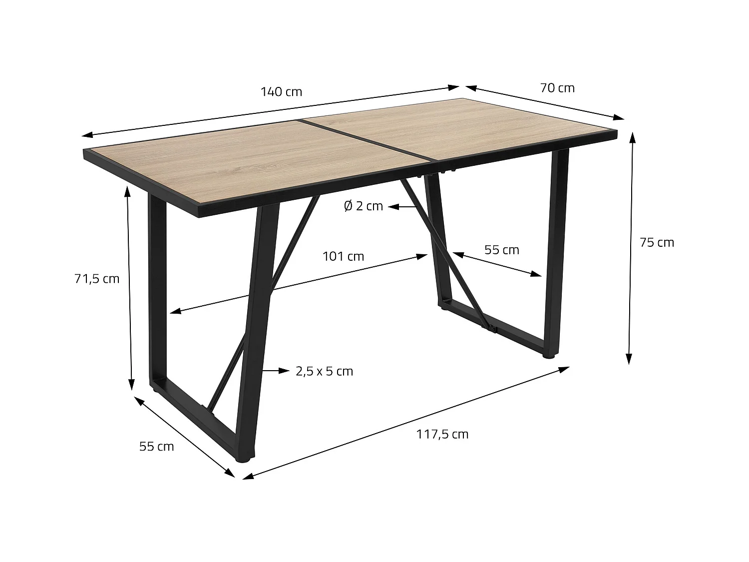 Table de salle à manger cuisine salon décor chêne brun 140x70 cm pieds en acier