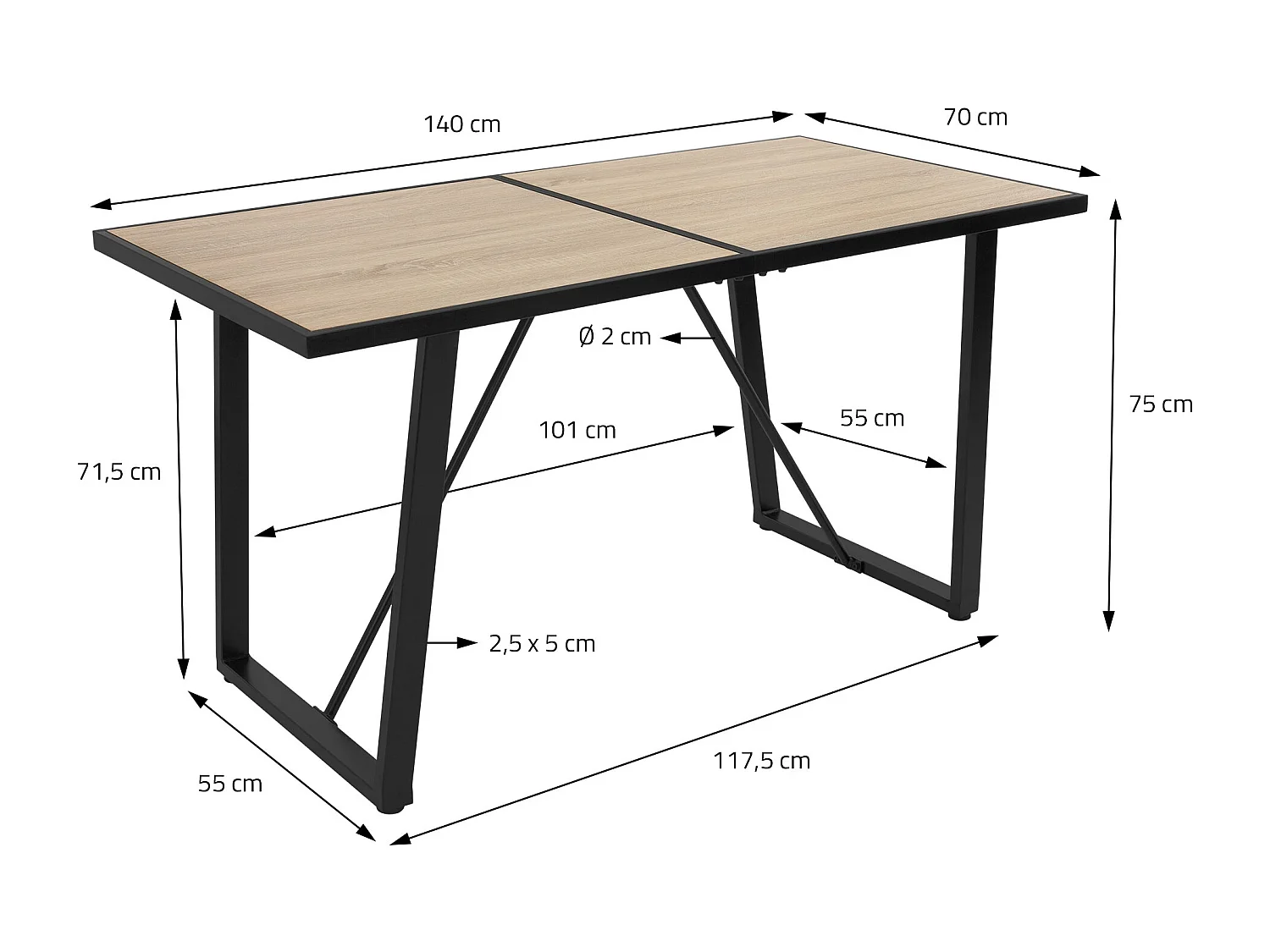 Tavolo da pranzo rovere per cucina telaio in metallo 6 persone 140x70x75 cm