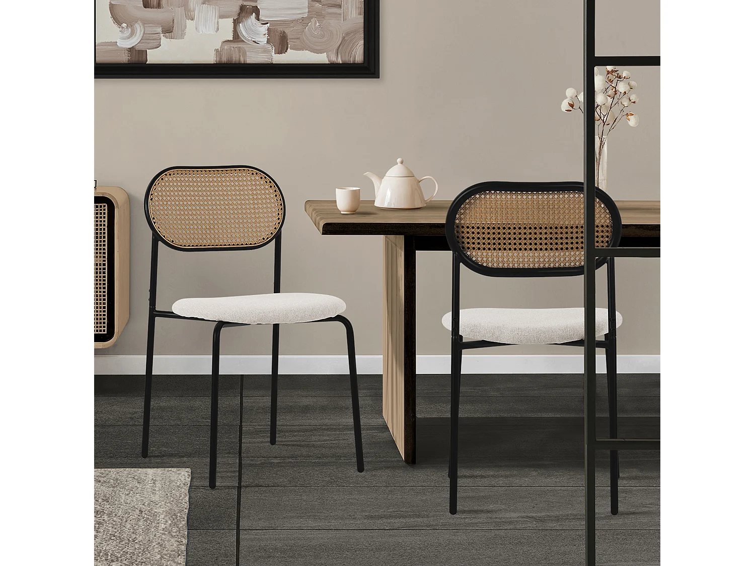 Set de 2 chaises de salle à manger salon dossier en rotin PE pieds en acier noir