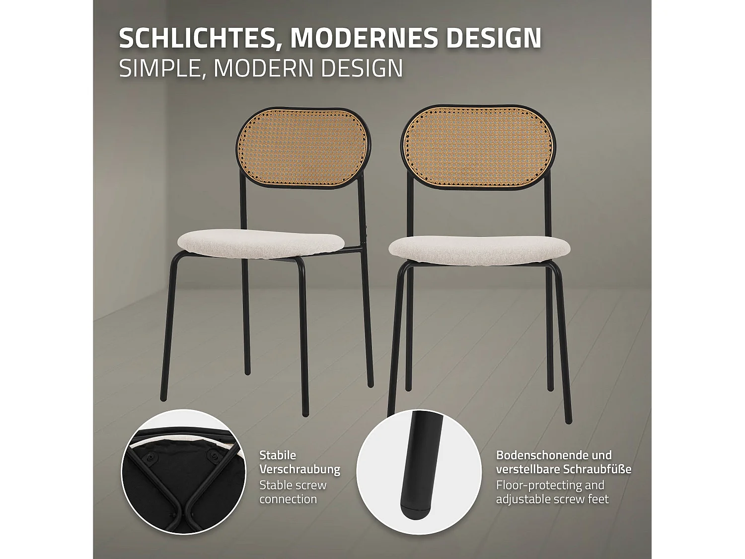 Set de 2 chaises de salle à manger salon dossier en rotin PE pieds en acier noir