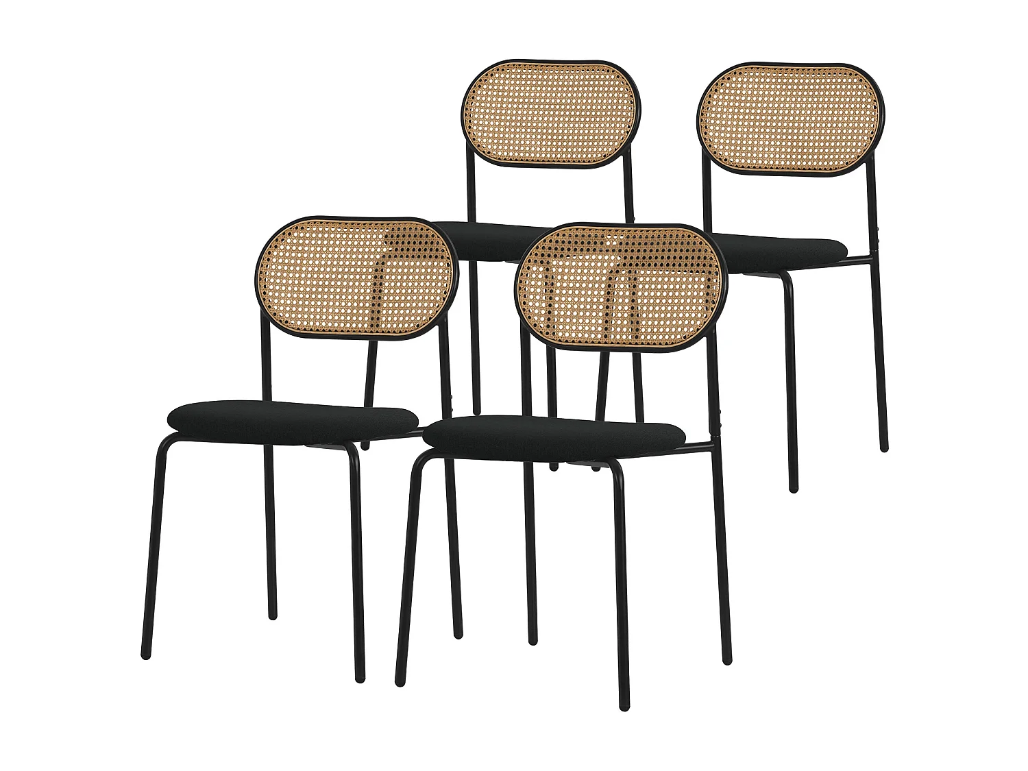 Set 4 chaises salle à manger salon cuisine dossier en rotin pieds en acier noir