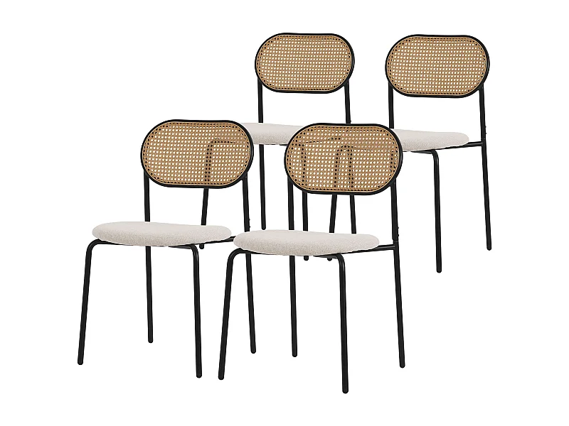 Set de 4 chaises de salle à manger salon dossier en rotin PE pieds en acier noir