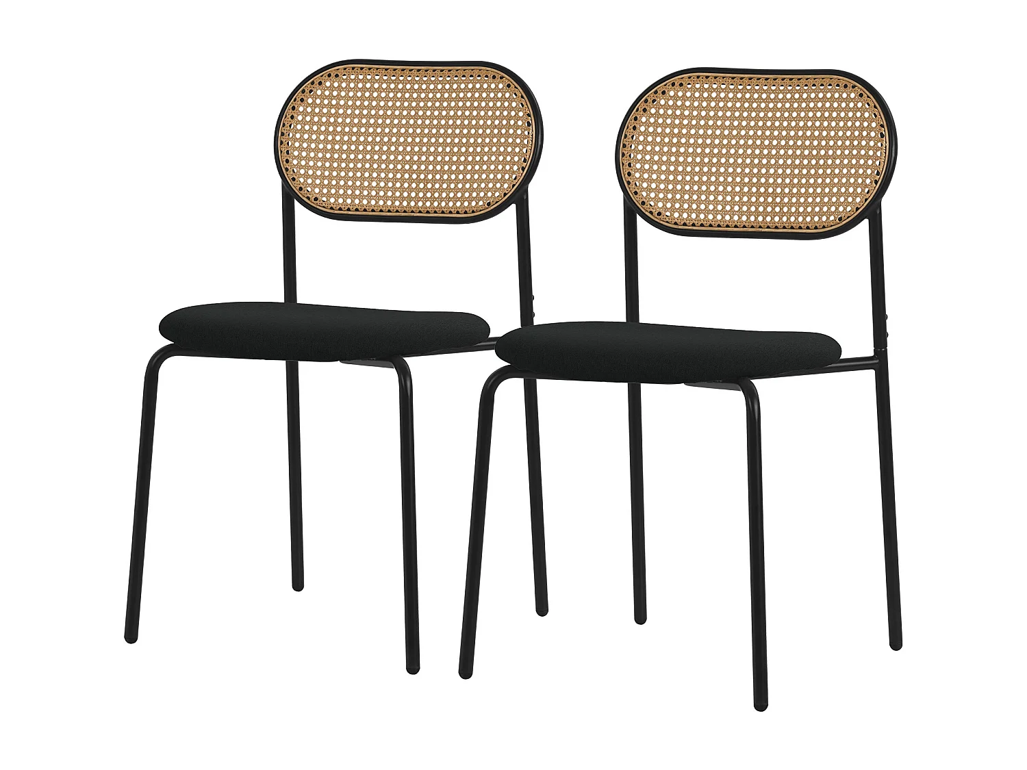 Set 2 chaises salle à manger salon cuisine dossier en rotin pieds en acier noir