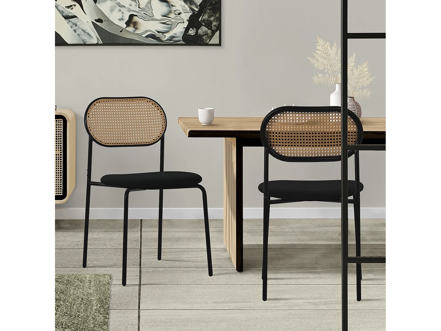 Set 2 chaises salle à manger salon cuisine dossier en rotin pieds en acier noir