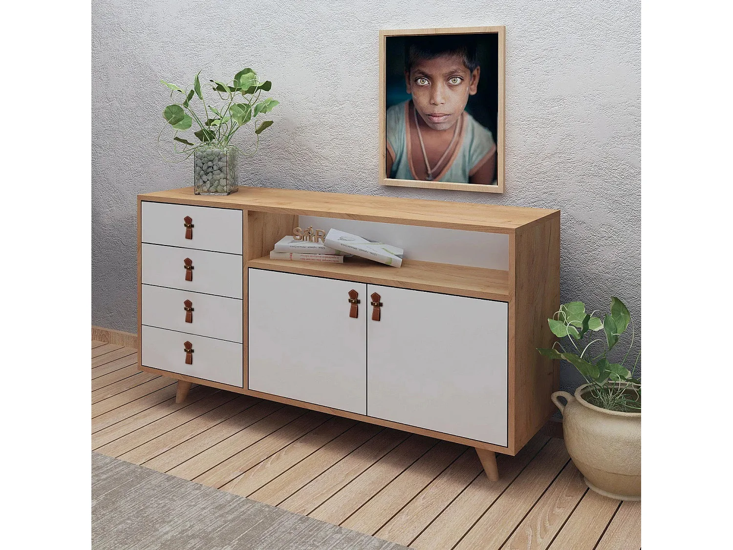 Aparador Moderno com 4 gavetas e prateleiras – 140 x 86 x 40 cm – Carvalho e branco – Melamina