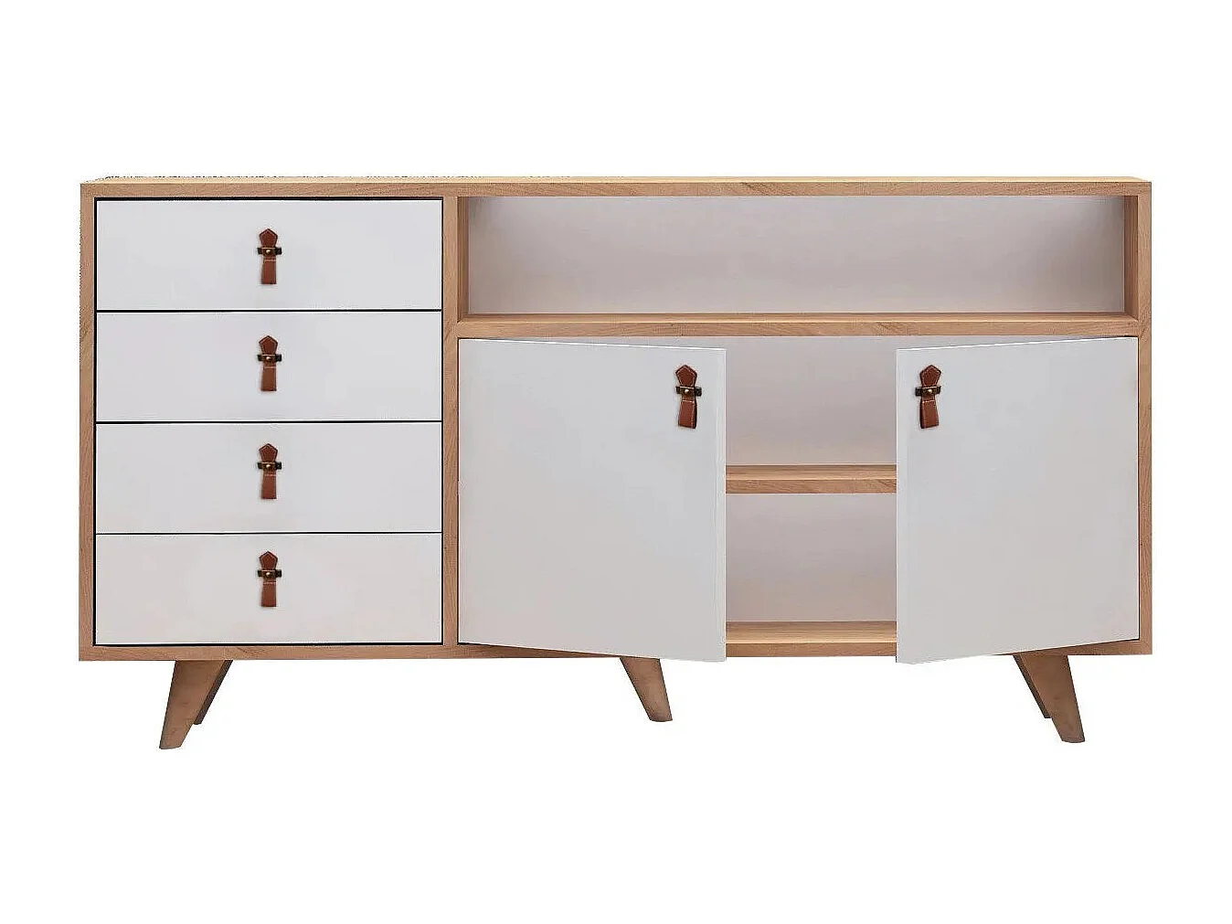 Aparador Moderno com 4 gavetas e prateleiras – 140 x 86 x 40 cm – Carvalho e branco – Melamina