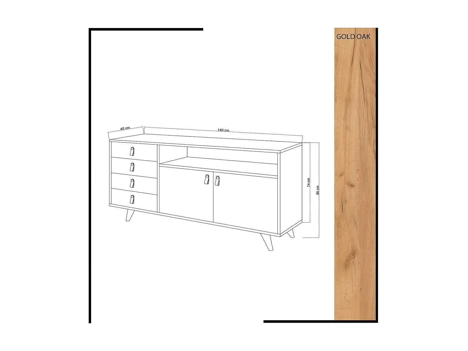 Aparador Moderno com 4 gavetas e prateleiras – 140 x 86 x 40 cm – Carvalho e branco – Melamina