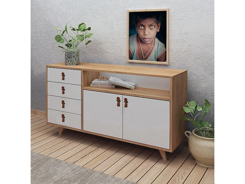 Aparador Moderno com 4 gavetas e prateleiras – 140 x 86 x 40 cm – Carvalho e branco – Melamina