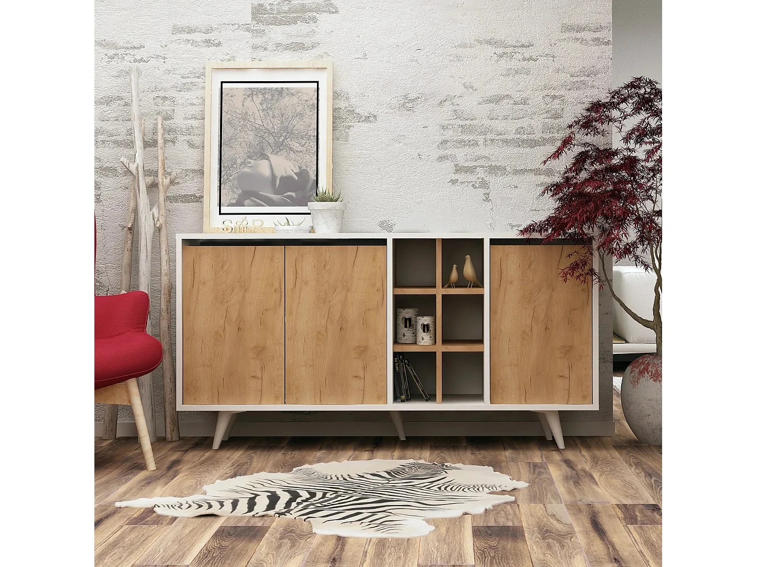 Aparador Moderno – 140 x 86 x 40 cm – Carvalho e Branco – Painéis de partículas revestidos a melamina