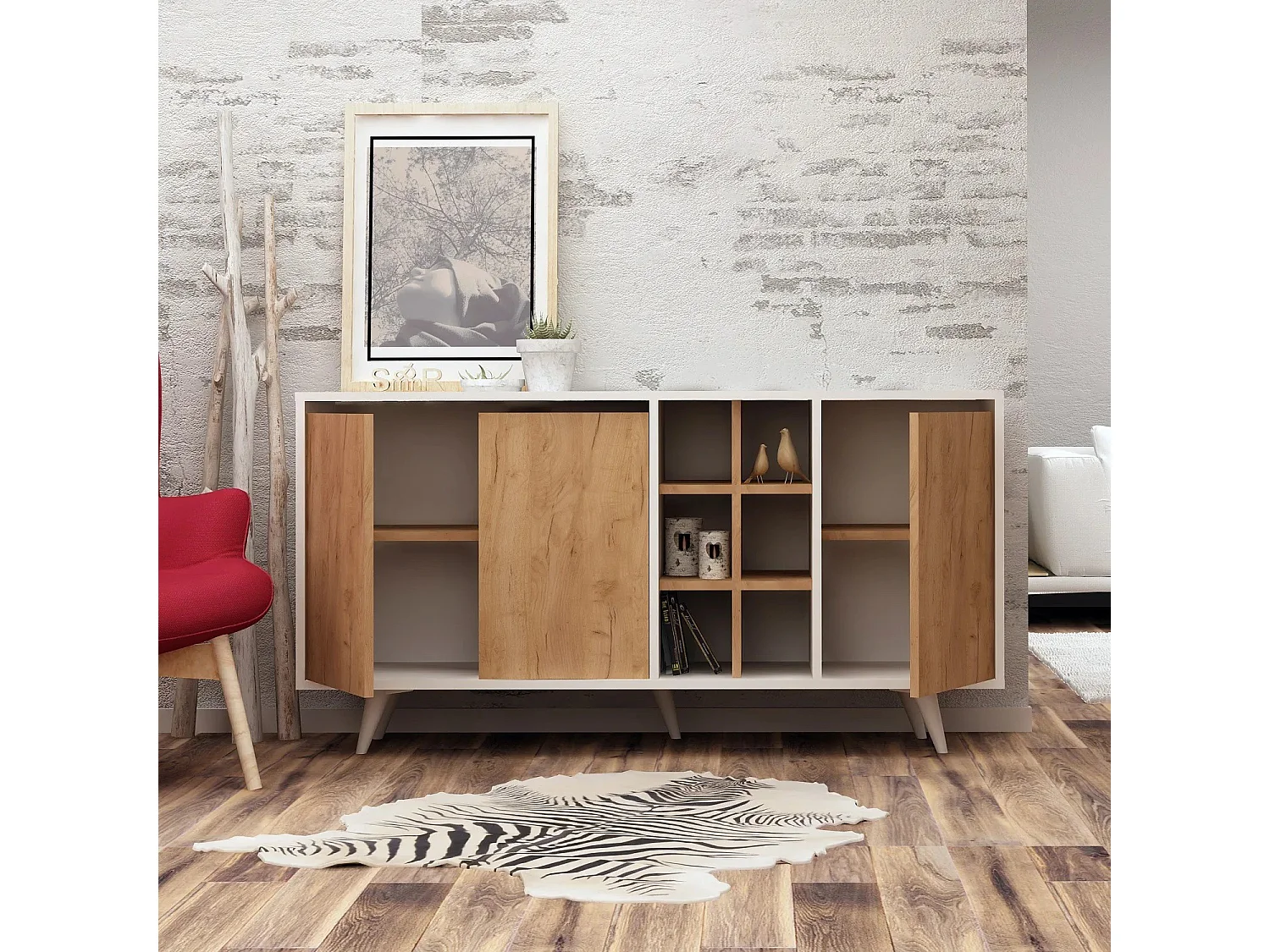 Aparador Moderno – 140 x 86 x 40 cm – Carvalho e Branco – Painéis de partículas revestidos a melamina