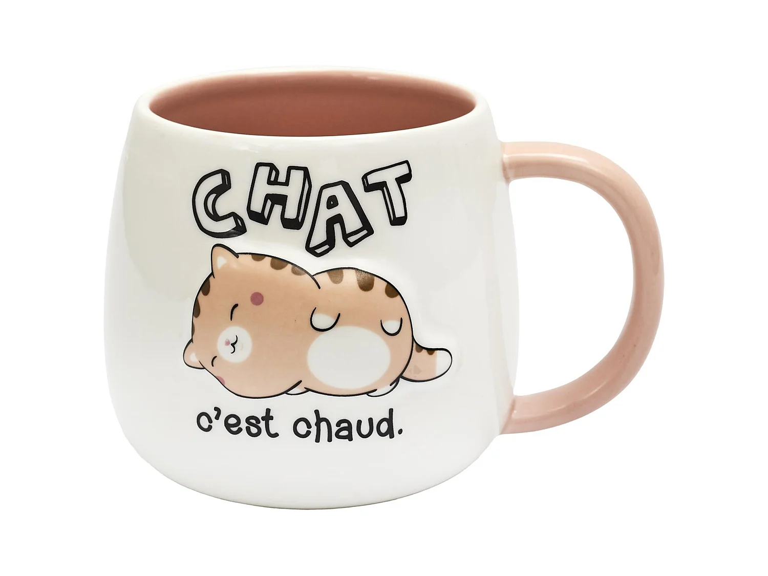 Mug en céramique à relief BREAKFAST 40 cl modèle "Chat c'est chaud" marron