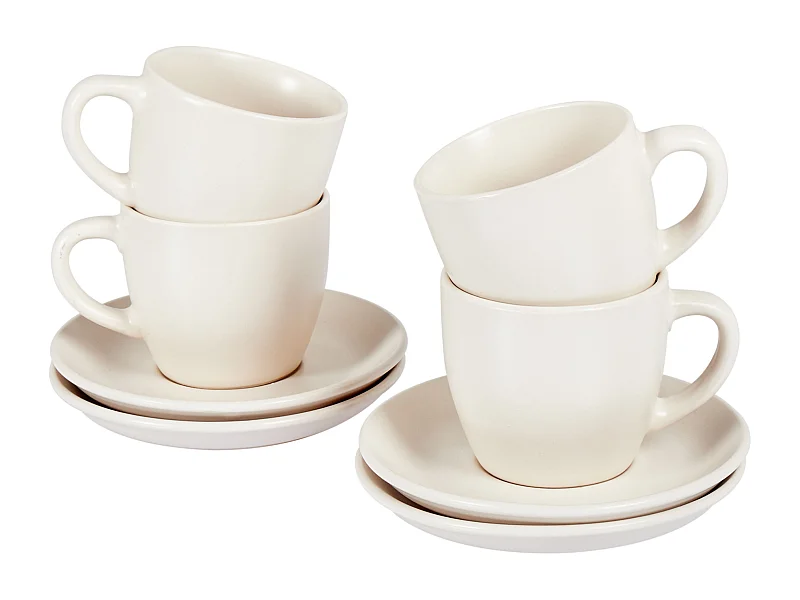 Tassen 4er Set mit Untertellern CARAWAY Steinzeug Cremeweiss