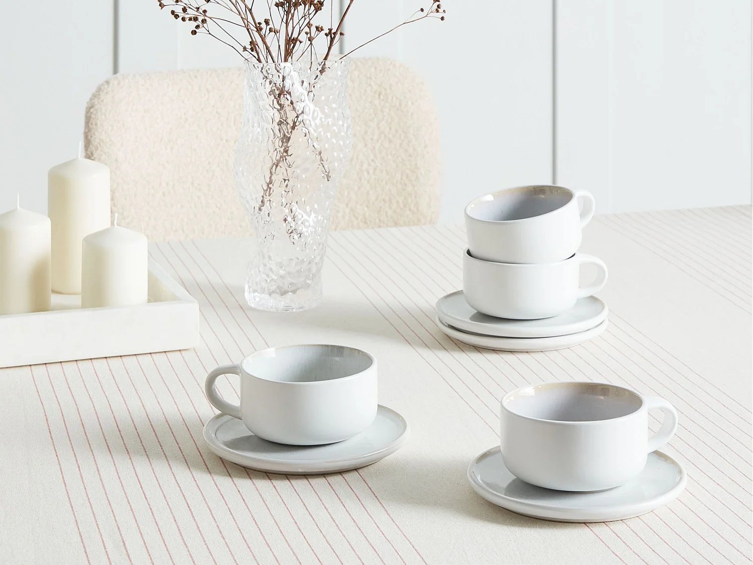 Tassen 4er Set mit Untertellern SESAME Steinzeug Cremeweiss
