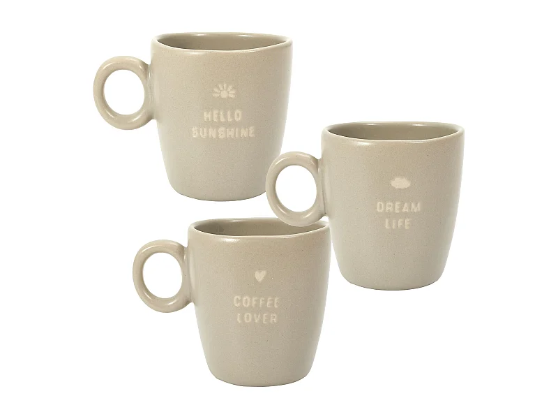 Lot de 3 mugs en grès avec message collection MINIMALIST beige