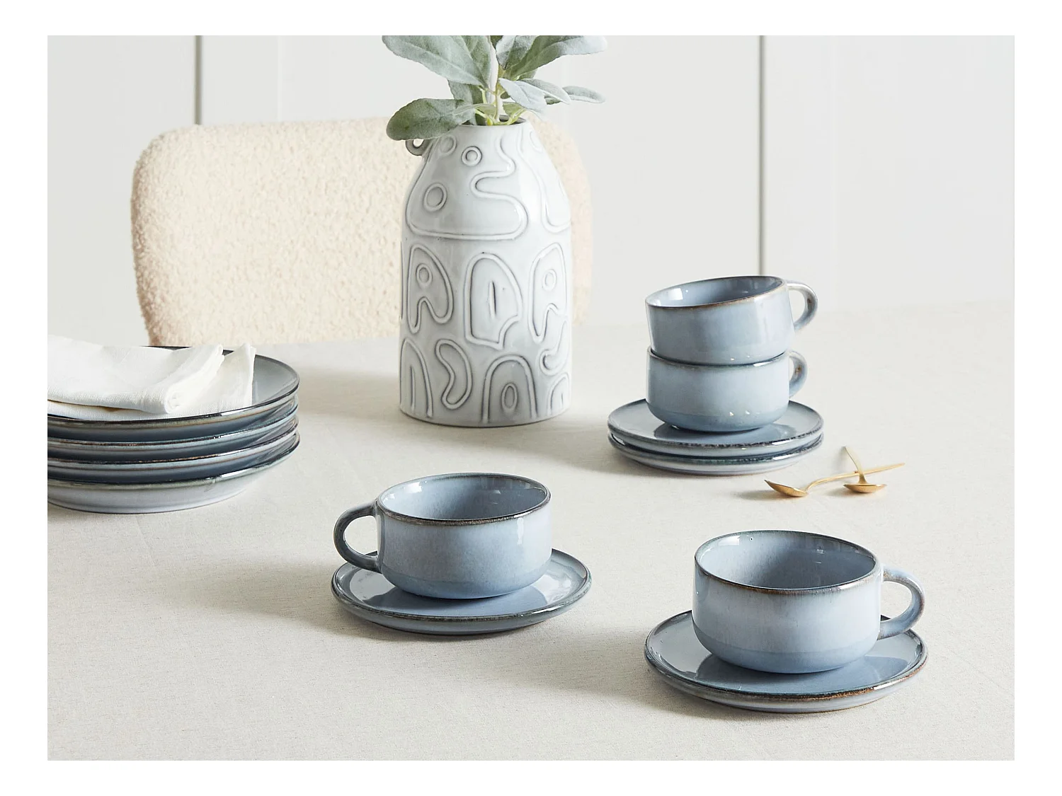 Zestaw 4 filiżanek ze spodkami JUNIPER Kamionka Błękitny