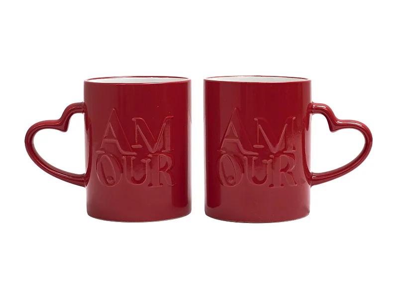 Lot de 2 mugs collection AMOUR & CAFE 30 cl en grès avec anses en forme de cœur rouge