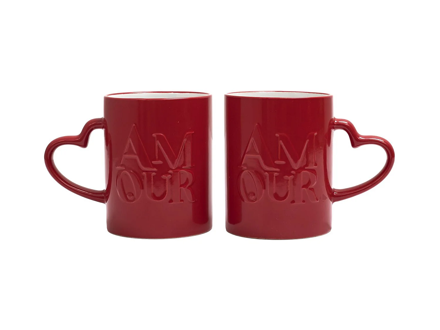 Lot de 2 mugs collection AMOUR & CAFE 30 cl en grès avec anses en forme de cœur rouge