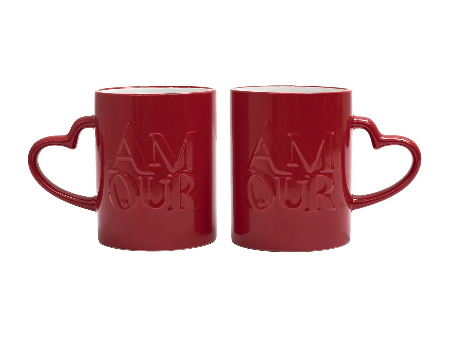 Lot de 2 mugs collection AMOUR & CAFE 30 cl en grès avec anses en forme de cœur rouge