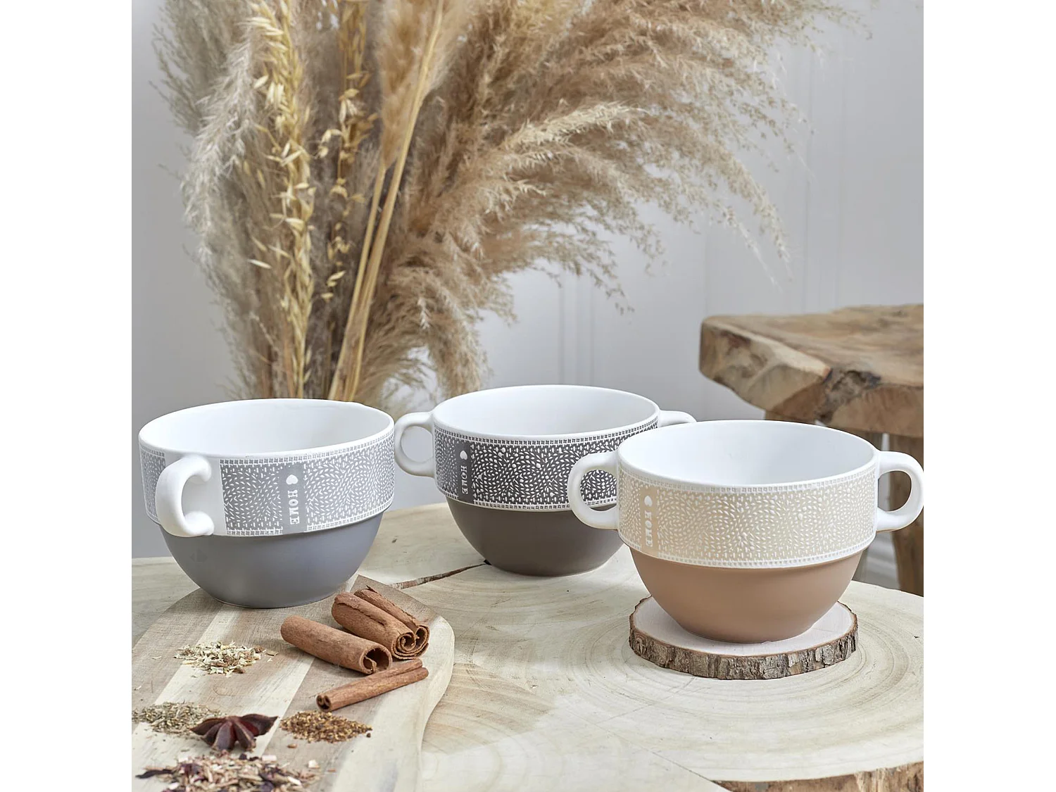 Lot de 2 bols avec anses 50 cl 100% céramique ROMANE marron