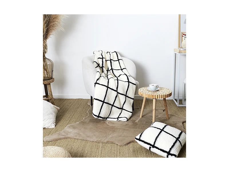 Plaid Sherpa Blanc Rayures Noir 130x160cm Blanc, Noir